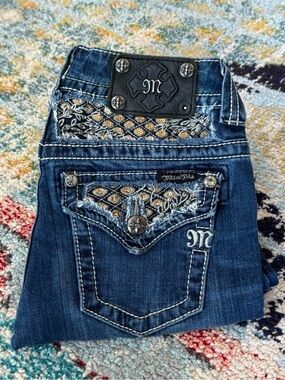 Miss Me Rhinestone Sequin Flap Pocket Bootcut Jeans